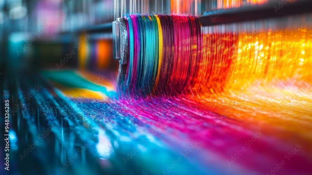 Poster a mesmerizing close-up view of a loom in action, showcasing the intricate process of weaving colorfu