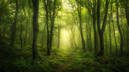 Naklejka premium Misty Forest Morning Bathed in Soft Light with Ethereal Atmosphere Invoking Serenity
