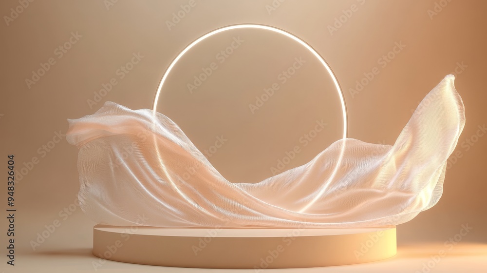Poster a minimalist 3d rendering of a beige podium with a flowing white fabric and a glowing circle, perfec