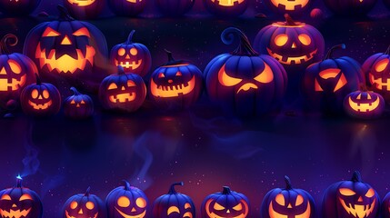 A seamless cartoon pattern featuring a variety of Jack-o'-Lantern faces with different expressions, from spooky to silly, glowing with a warm orange light, set against a deep purple background.
