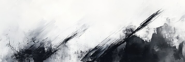 A minimalist abstract painting with black brushstrokes on a white background. The image symbolizes creativity, movement, simplicity, and contrast. It can be used for a variety of purposes, from websit