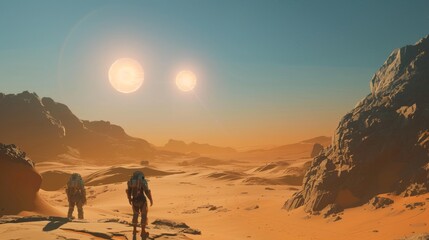 Obraz premium astronauts on a planet with 2 suns