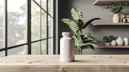 A white pill bottle sits on a wooden table in a minimalist setting with natural light from a window.