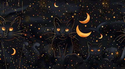 Fototapeta premium A seamless cartoon pattern featuring black cats sitting on broomsticks, surrounded by sparkling stars, crescent moons, and swirling winds, all in a whimsical, magical style. --ar 16:9 --v 6.0 --tile