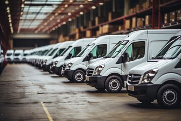 White vans parked inside warehouse with boxes ready for dispatch and delivery service