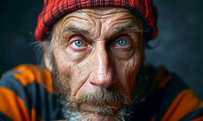 A striking portrayal of an elderly man, his piercing blue eyes convey depth and stories untold, adorned in a red and black striped sweater with intricate tattoos on his arms - Powered by Adobe