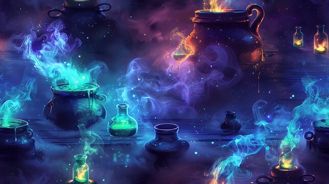 A seamless cartoon pattern featuring bubbling cauldrons with vibrant green potions, surrounded by floating potion bottles and swirling mystical smoke,