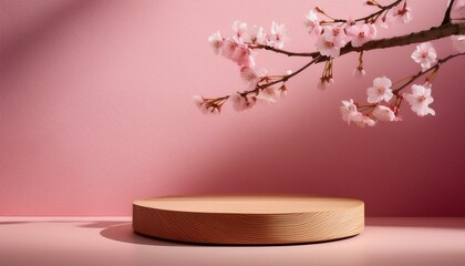 Textured pink wall with wooden podium and single sakura branch.