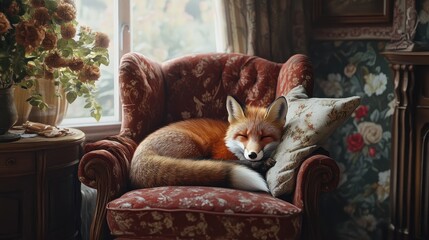 A fox curled up on a velvet armchair in a quaint, cottage-style living room with floral patterns.