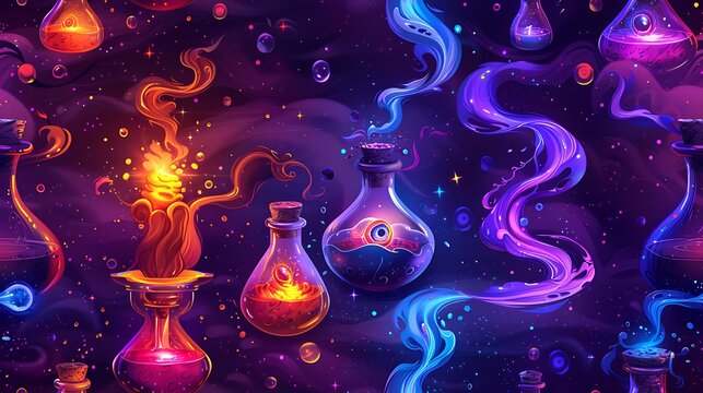 A seamless cartoon pattern featuring bubbling potion bottles filled with eerie ingredients like floating eyeballs, newts, and glowing herbs, surrounded by swirling mist and sparkles,