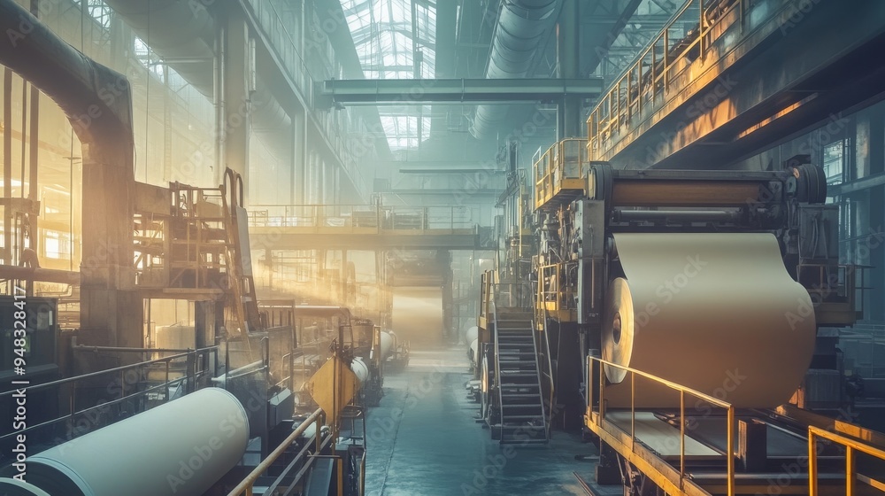 Poster a modern paper mill factory with machines turning large paper rolls, showcasing the industrial proce
