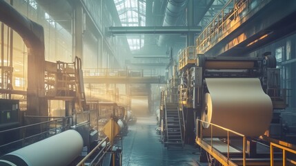 Fototapeta premium A modern paper mill factory with machines turning large paper rolls, showcasing the industrial process of paper production. The image captures the complexity and efficiency of the machinery, highlight