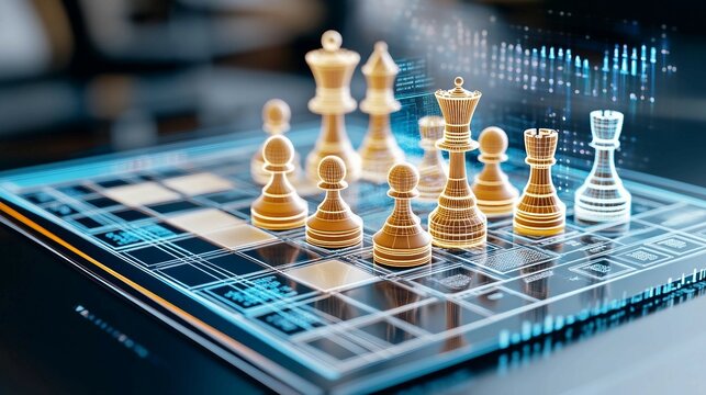 digital strategic chessboard with pieces shaped like financial symbols, money, and tax forms, all positioned in a complex game representing income tax planning. 