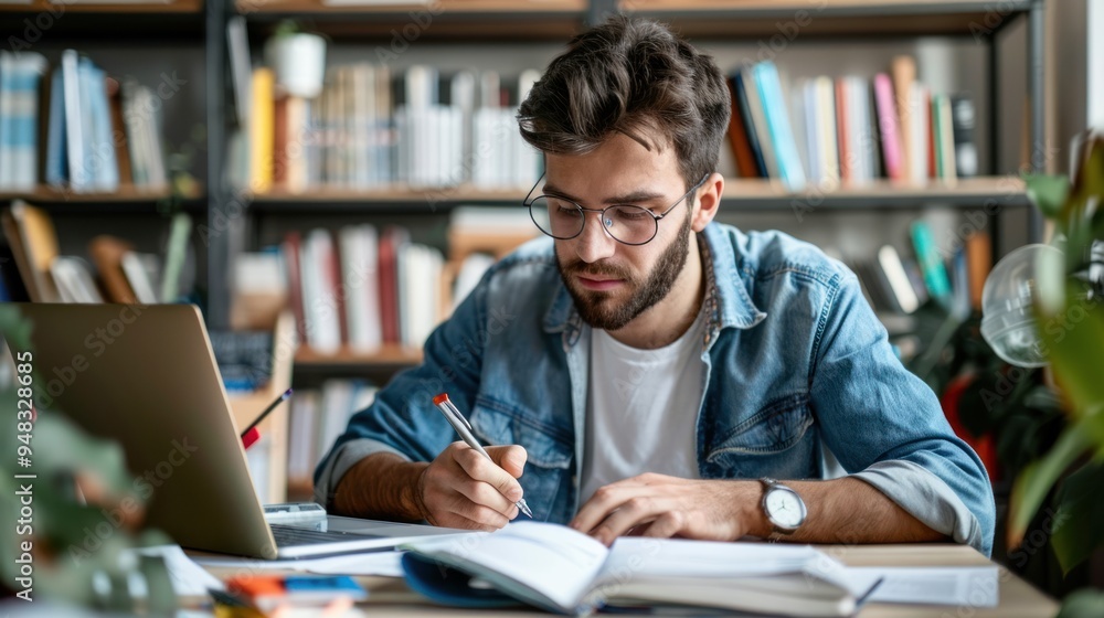 Poster an adult learner attending an online class, taking notes and interacting with the instructor through