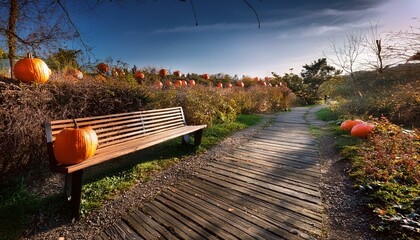 Twisted path leading to bench, illuminated by sinister jack-o'-lanterns.
