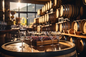 Modern wine cellar with wooden barrels, wine industry background for wine production