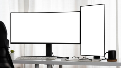 Ergonomic workspace setups, highlighting the benefits of dual monitors for increasing productivity and creating an efficient work environment