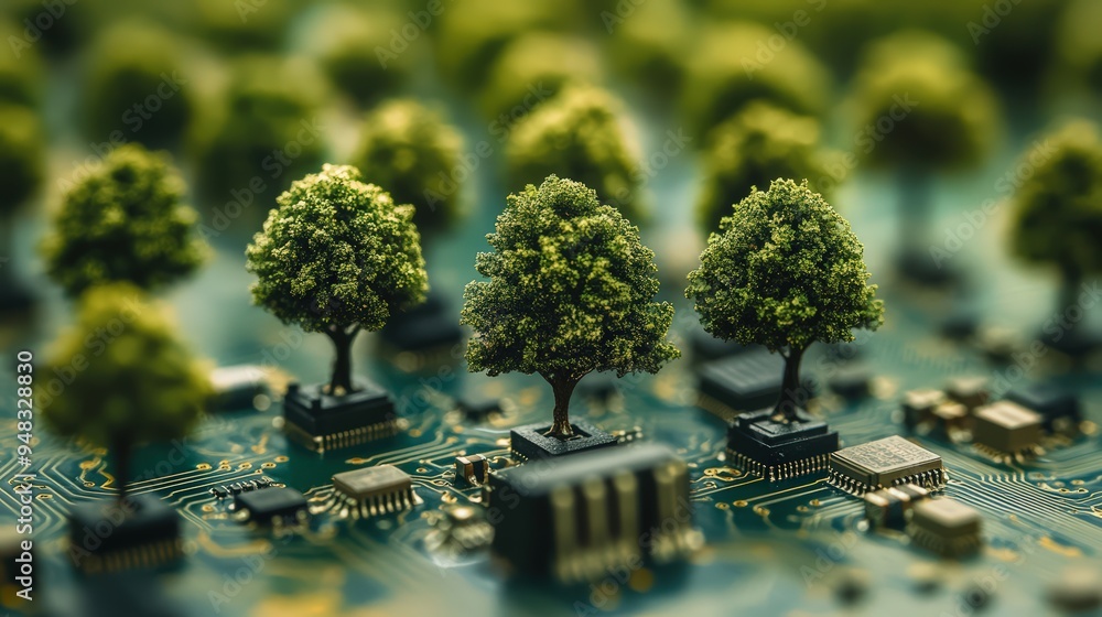 Poster green tree on a microcircuit board, symbolizing biotechnology and science concept background