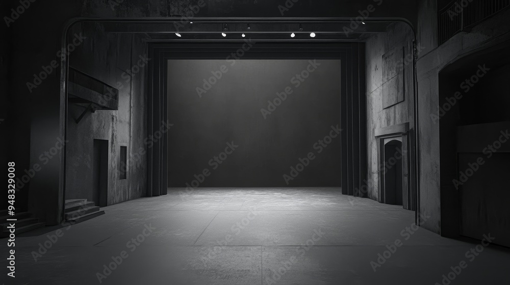 Poster a monochrome image showcasing an empty stage with concrete walls and doorways. the stage is illumina