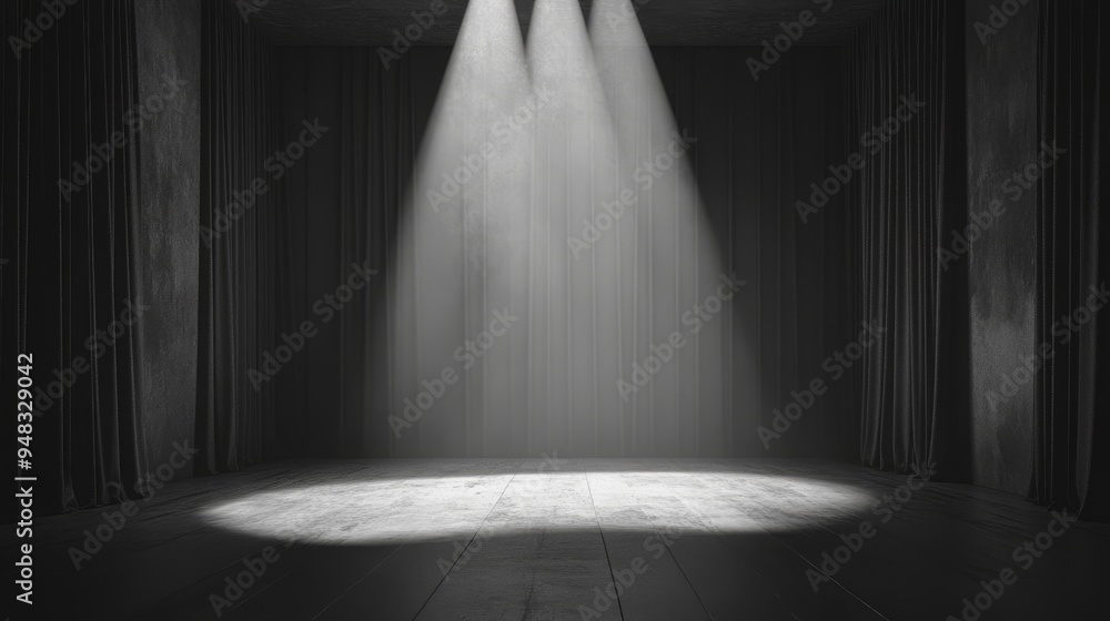 Poster a monochrome image of an empty room with a stage. the stage is illuminated by a spotlight, the walls
