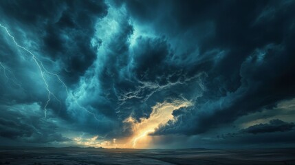 A dramatic image of a powerful thunderstorm with dark, swirling clouds and flashes of lightning illuminating the sky over a desolate landscape.