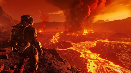 Fototapeta premium astronaut on a lava planet