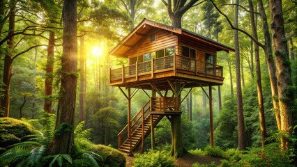 Luxurious eco-friendly treehouse nestled in a lush forest setting, accommodation, nature, treehouse, eco-friendly, luxury