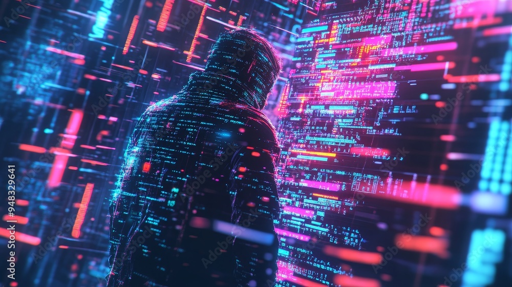 Poster a mysterious figure stands in a digital landscape, surrounded by lines of code and data. the image s
