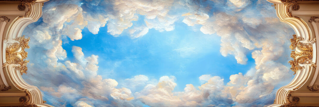 A painted ceiling mural in the Baroque style, depicting a blue sky with white clouds. The mural evokes a sense of grandeur, spirituality, and the beauty of nature.