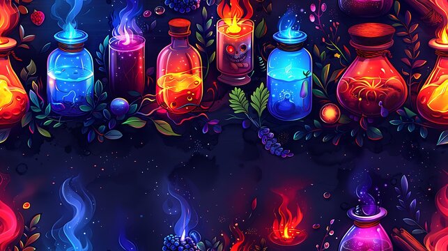 A seamless cartoon pattern featuring colorful potion bottles with odd ingredients like eyeballs, newts, and glowing roots, surrounded by wisps of smoke and tiny glowing orbs,