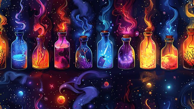 A seamless cartoon pattern featuring colorful potion bottles with odd ingredients like eyeballs, newts, and glowing roots, surrounded by wisps of smoke and tiny glowing orbs,