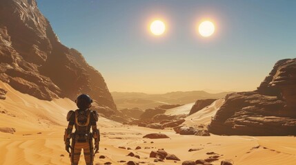 Fototapeta premium astronauts on a planet with 2 suns