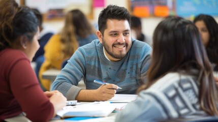 Hispanic learners collaborating on a group project in an adult education class, sharing ideas and working together