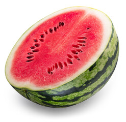 Round striped watermelon cut in half with black watermelon seeds isolated on white background....
