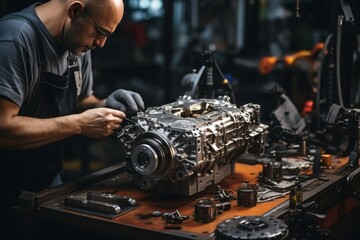 Obraz premium Male mechanic inspecting car engine in bright auto workshop, car repair service concept