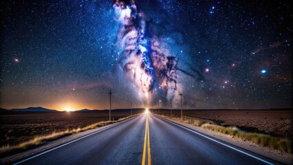 A solitary highway stretches into the darkness, surrounded by a vast, starry night sky, with only a few distant streetlights illuminating the way forward.