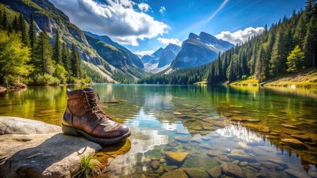 A solitary hiking boot stands at the edge of a serene mountain lake, surrounded by lush greenery and majestic mountains under a clear blue sky.