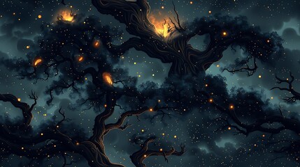 Obraz premium A seamless cartoon pattern featuring gnarled trees with exaggerated, twisted branches and glowing eyes, surrounded by fog and tiny glowing orbs, on a dark charcoal background. --ar 16:9 --v 6.