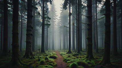 Fototapeta premium A dense forest with towering pine trees, moss-covered ground, and a misty atmosphere in a secluded woodland