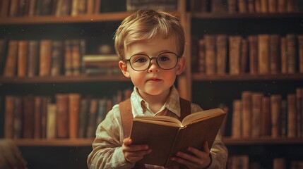 Little Boy Reading Book in Library.