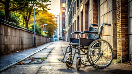 A solitary wheelchair sits abandoned and still on a deserted sidewalk, its empty seat and tangled wheels evoking a sense of loneliness and despair.