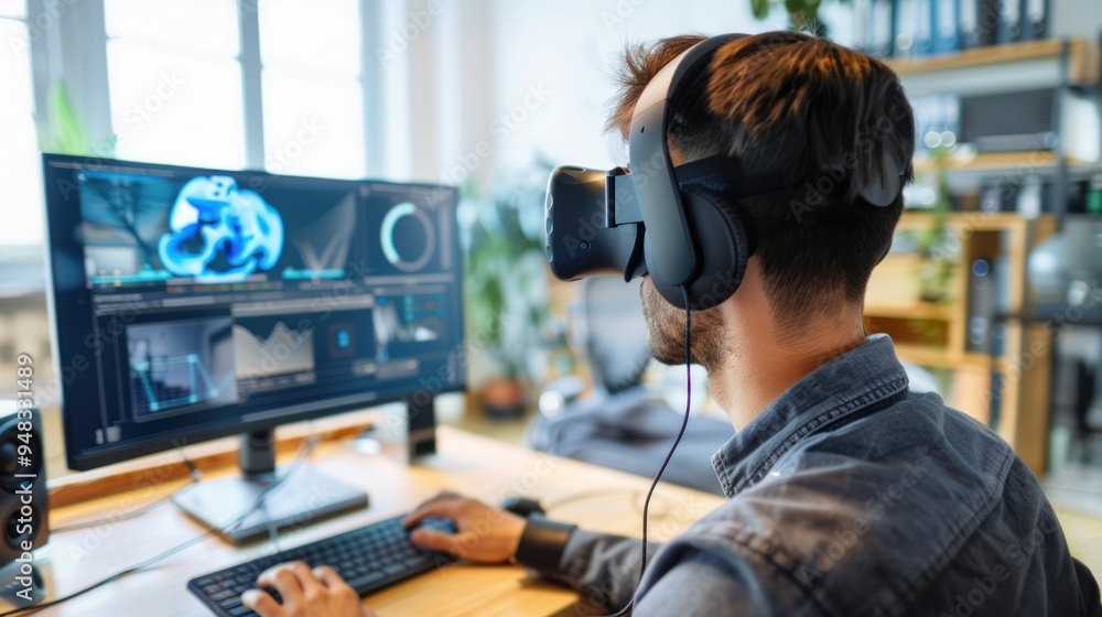 Poster an adult taking part in a virtual seminar, with a headset and educational software open on the compu