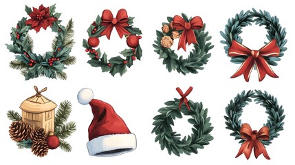 Christmas-themed decorations, a clip art set of cartoon illustrations with a white background, including a Christmas wreath and garland