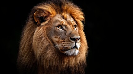 Naklejka premium A powerful portrait of a lion with a majestic mane, captured against a dramatic black background. The lion's piercing gaze and regal posture symbolize strength, leadership, and the beauty of the wild.