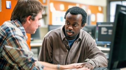 A man receiving guidance from an instructor during a one-on-one tutoring session in a computer lab