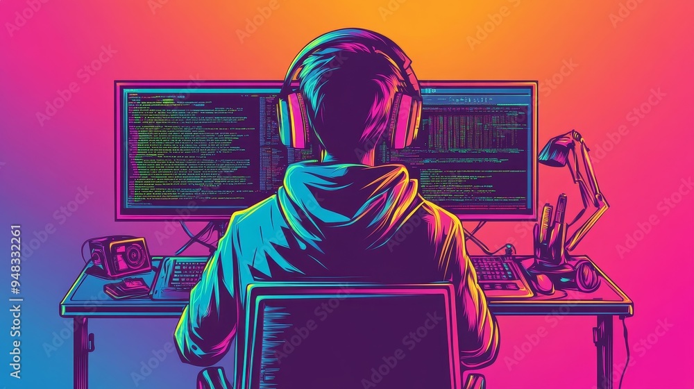 Poster a programmer sitting at their desk, focused on their work, with headphones on and code displayed on 