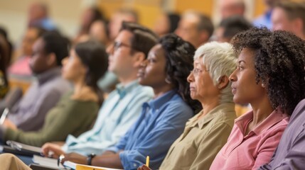 A diverse classroom of adult students listening to an instructor and taking notes during a lecture