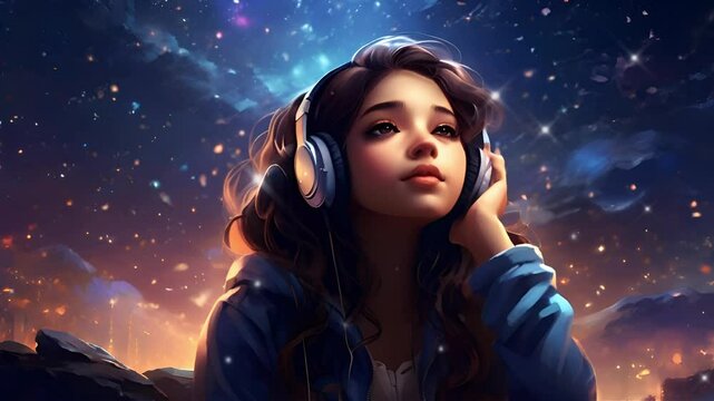 Cute Girl is listening to LoFi music while wearing headphones. It is an anime art style. Loop animation. LoFi music background Video