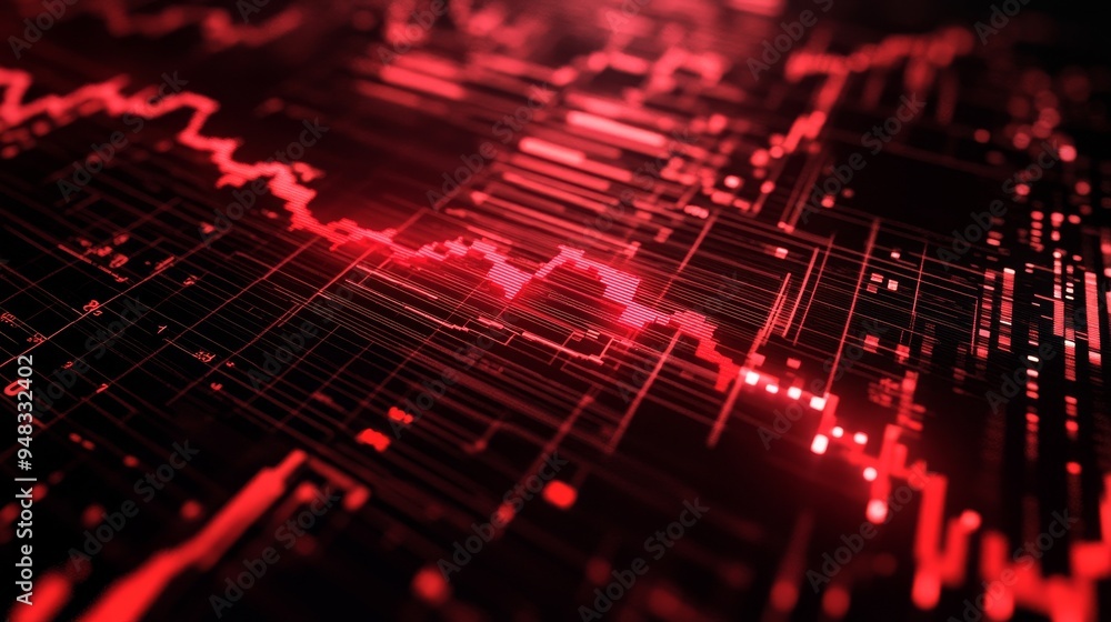 Aufkleber a red arrow pointing down on a digital display of financial data symbolizes the decline of the econo