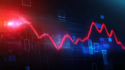 Naklejka premium A red line graph on a dark blue background, representing a stock market downturn. The line dips sharply downwards, symbolizing a decline in financial value. The graphic highlights the volatility and p